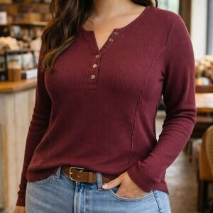 Burgundy Fitted Waffle Knit Henley Top Soft Grunge Cozy Fall Elena Gilbert Small